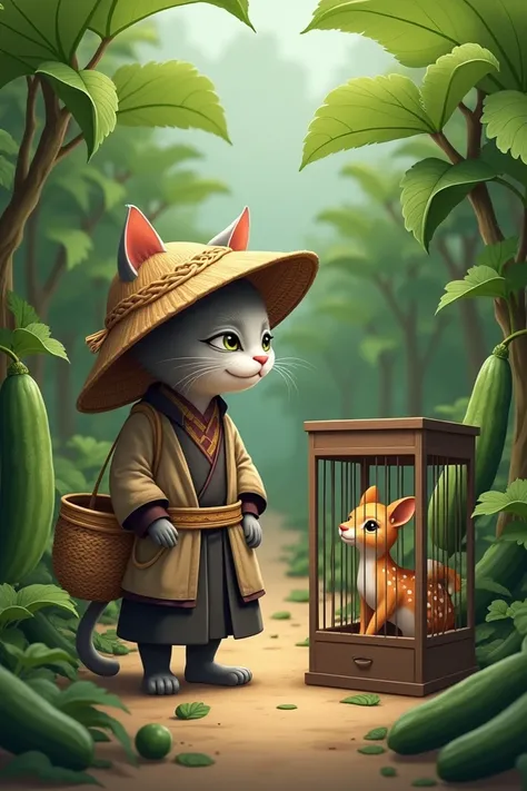 An ash-colored cat wearing Indonesian farmers clothing is talking to a cancil that is in brackets in a box-shaped cage against a background in a cucumber garden