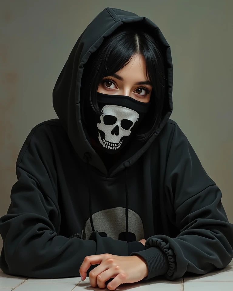  scene of a woman with her short black hair,With capus covering her hair all over , with her hand on a table ,  with a cold hooded blouse over her head , with a black mask with a skull symbol covering only the mouth, dark brown eyes, a close-up painting,  ...