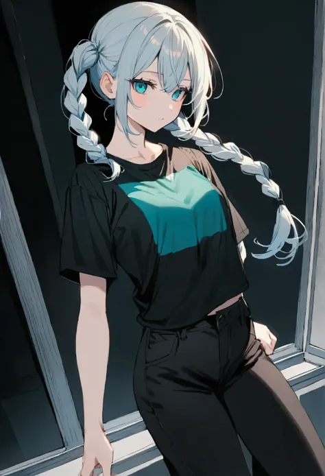 A teenage girl with light hair braided into a pigtail. Dressed in a black T-shirt, over which is a dark turquoise checkered shirt and black pants