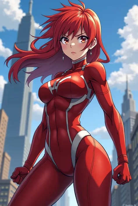  My Hero Academia Style ,   anime girl , woman, young woman ,  full body shot ,( Fighting Stance :1.3),Long Hair, Red Hair,   Brown Eyes , hero suit, Full Body Suit,  red suit with white details, perfect anatomy,  enhanced abs , super detailed,(building:1....