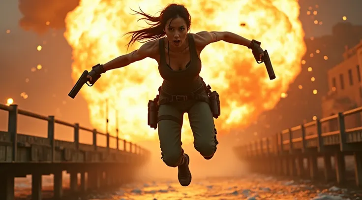 Hyper-realistic cinematic scene of Lara Croft, in her iconic Tomb Raider outfit: fitted tank top, rugged exploration pants, and double holster, mid-air after an audacious leap from an intact bridge. The shot is taken from a low-angle perspective, directly ...