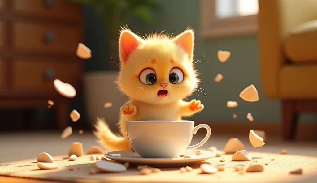 Little kitten  , velvety pale yellow plumage fearful look at a broken cup shattering around there are simple furnishings in a cozy space.  Style : phong cách 3D Pixar kỳ quái.