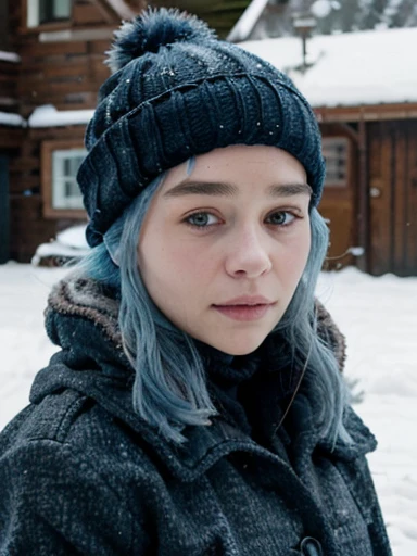 21 year old freezing woman blue hair Emilia Clarke face, in winter, with a warm black hat