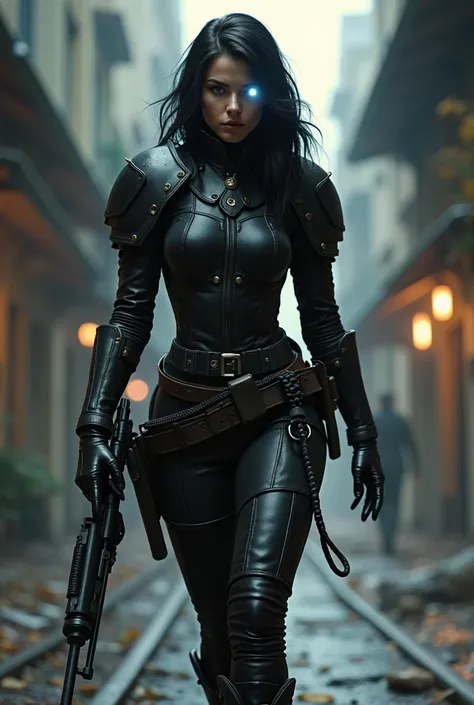 A dark-haired woman, from warhammer 40000 context, With a long coat and boots.  She will have a submachine gun attached to her belt and another one in the hand. She’s walking on a street. She has a bionic-eye. Add her a learher armor. 