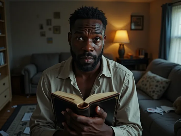 Frightened black man takes the bible from the messy living room and goes to the basement