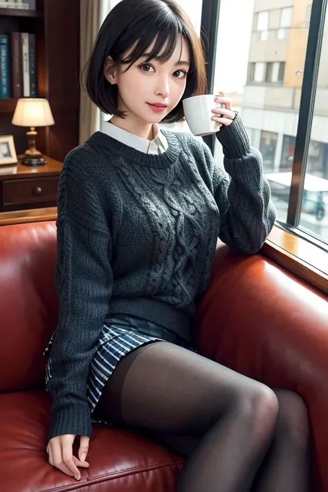 (High Definition), One Lady, Japan Person, Cute, Black Hair Short, wearing Cable Knit, Cross Check Skirt Trad Style For Female, Tights, Sitting on Sofa, Side-Glance, Leaning some cushions, By window, At Hotel Classic Dark Cafe,, A Cup of Coffee & Some Book...