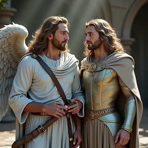 Archangel Michael on the left ,  long hair and blue eyes and Gabriel on the right short hair and white robe.