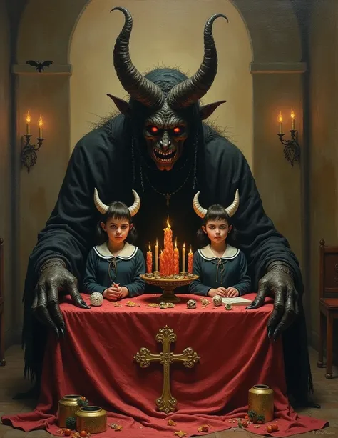 score_9, score_8_up, score_7_up, Oil Painting, Art Style Frank Frazetta, in the year 1885, Hunchback sad Demons Serve decorate hell for christmas with bratty evil  twin girls sitting on an alter in a spooky church, wearing School Girl Uniform