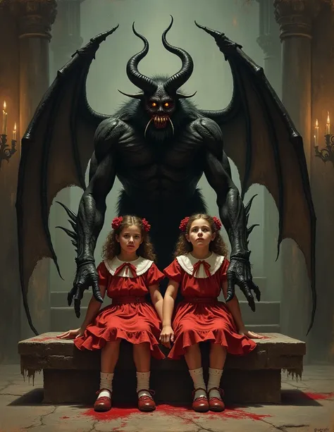 score_9, score_8_up, score_7_up, Oil Painting, Art Style Frank Frazetta, in the year 1885, Hunchback sad Demons Serve decorate hell for christmas with bratty evil 24 year old twin girls sitting on an alter in a spooky church, wearing School Girl Uniform