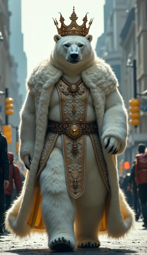 A man with the head of a polar bear with a crown on his head, wearing king costumes , walking on the street,  masterpiece , detail,  best quality, details altos, 