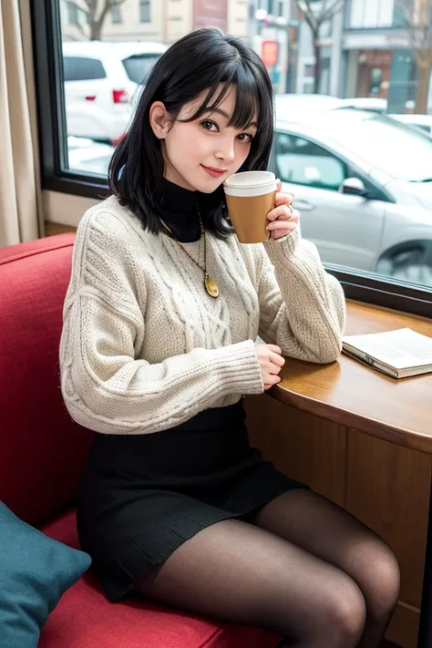 (High Definition), One Lady, Japan Person, Cute, Black Hair Short, wearing Cable Knit, Cross Check Skirt Trad Style For Female, Tights, Sitting on Sofa, Side-Glance, Leaning some cushions, By window, At Hotel Classic Dark Cafe,, A Cup of Coffee & Some Book...