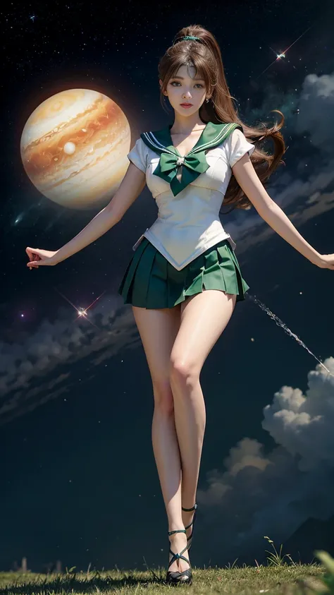   Masterpiece ,  Its high definition  ,8k resolution, Its high definition  model, Sailor Moon Jupiter ,  Beautiful Young Japanese Woman  ,1 person, Stunning High  , Little Smiles , Jupiter and Space Background  ,(  Green Sailor Warrior Uniform ),  Green Ul...