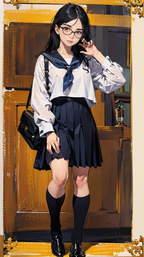 ((best quality,4k,highres,masterpiece:1.2)),((character concept art)), 1 female, age 17. Concealing her true appearance beneath a traditional Japanese high  ((consisting of a bulky, navy blue sailor-style top paired with a matching pleated skirt)), she pre...