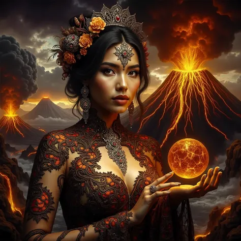 A beautiful Sundanese Fairy hodling a lava orb in front of the raging volcano