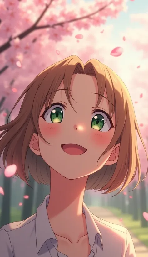 close-up, a young woman with light brown bob hair and emerald green eyes, looking up at the sky with a happy smile, anime style, Makoto Shinkai style, spring day, soft lighting, cherry blossom petals falling gently, gentle breeze, blurred cherry blossoms i...