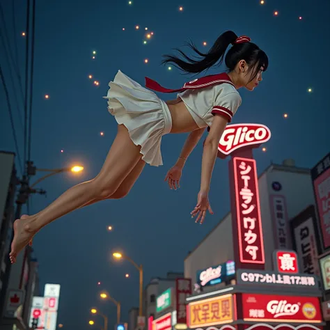 Haunting Live-Action, Extremely Detailed KAWAII JK Diving from Glico Running Man at Doutonbori, Sparkling, LifeLike Rendering, MotionBlur, (XLabs F.1 Realism LoRA V1), White Sailor Uniform with Thongs, Red Ribbon Ponytail hair fluttering in the wind, Profe...