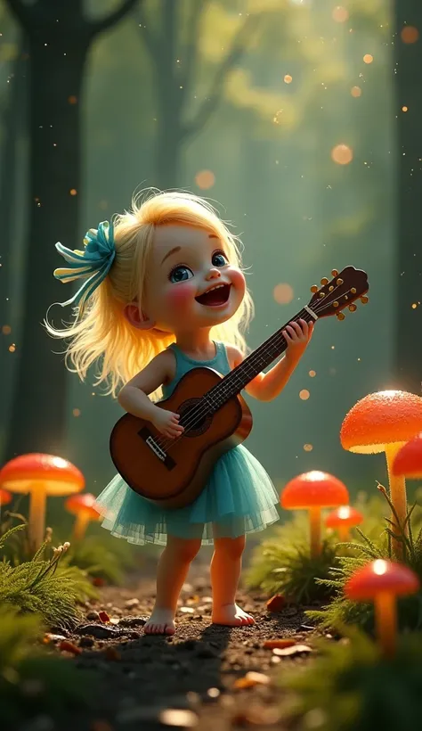 Mr.々 in the woods where fantastic glowing mushrooms live 、 an active little baby fairy dances 、 happy smiles dancing on the beach、 swaying blond hair and blue dress 、A frog playing a guitar 、 ultra-realistic pictures 、 surrounded by shining fireflies and a...