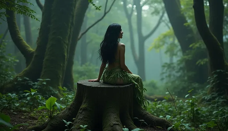 within a dark enchanted forest sits a cute Javanese woman with long black hair in tattered leafy garments. It is sitting on the stump of a cut down tree