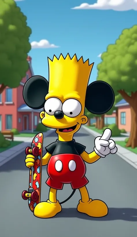 A funny hybrid creature that combines characteristics of Mickey Mouse and Bart Simpson, mixing iconic cartoon elements from both in a humorous and charming way. The body is small and rounded, with the classic shape of Mickey, wearing red shorts and yellow ...