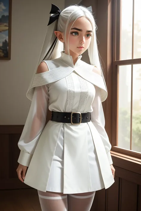 white capelet, striped shirt, long sleeves, belt, White skirt,  black pantyhose ,,  long hair, (white hair), 2 twin tails ,  pointy ears , toys,  thick eyebrows , big green eyes,  small breasts, flat, A life-size girl standing,  best quality,   masterpiece...