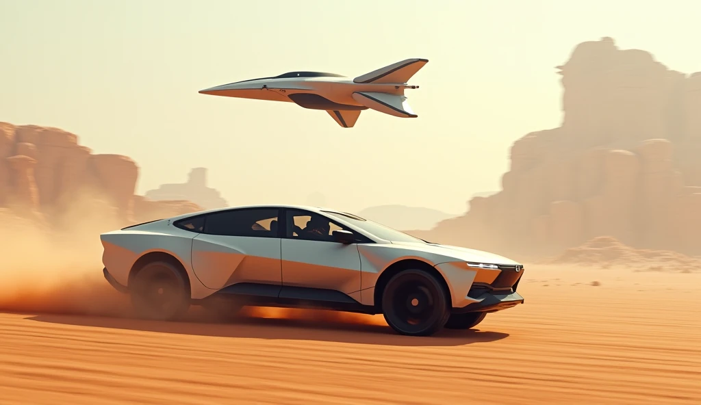  is flying above him through the desert, a futuristic SUV rushes , a spaceship 