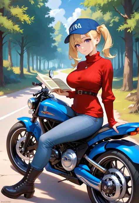 sfw, masterpiece, Best Quality, High resolution, detail hands, detail fingers, detail face, detail leg, (1girl, solo, detail girl, 20 years old girl), (blonde hair, side pigtail hair, purple eyes, large breasts:1.1), (blue pilot cap, red tunic sweater, lon...