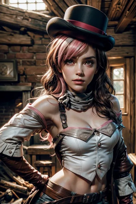 pink and brown hair, multicolored hair, neopolitanatlas, bowler hat, grey scarf, white gloves, white shirt, off-shoulder shirt, black sleeves, midriff, white belt, white pants, post apocalyptic scene, inside old cottage, debris, bonfire, standing near sold...