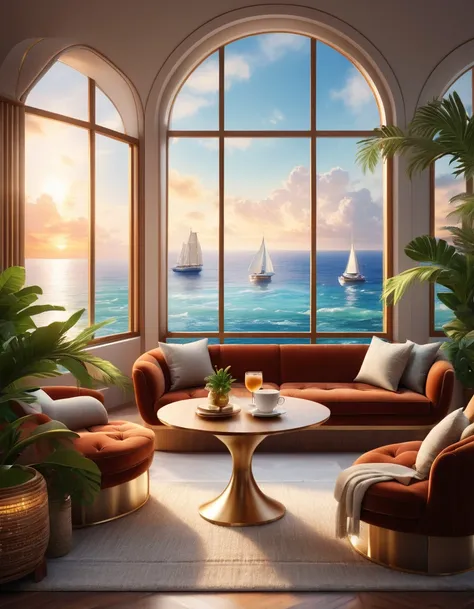  there is a room with lots of furniture and a large window,  relaxing concept art ,  cozy and peaceful atmosphere ,  Relaxing atmosphere ,  Relaxing atmosphere ,  Luxurious furnishings ,  cozy atmosphere, disney fantasy style , pleasant  cozy atmosphere,  ...