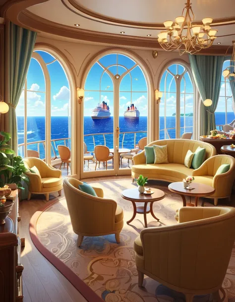  there is a room with lots of furniture and a large window,  relaxing concept art ,  cozy and peaceful atmosphere ,  Relaxing atmosphere ,  Relaxing atmosphere ,  Luxurious furnishings ,  cozy atmosphere, disney fantasy style , pleasant  cozy atmosphere,  ...