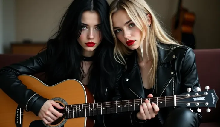 Luis Royo Style young woman, black leather rock style, very white skin, black long hair, red color lipstick on her lips, Luis royo, she is sitting together with a blonde guy with long hair ,handsome, he is teaching her to play guitar