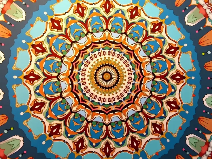 "Create a detailed and intricate mandala with symmetrical patterns and gold colors. The design should include geometric shapes, floral elements, and flowing lines, all radiating from the center. The mandala should evoke a sense of calm and balance, with a ...