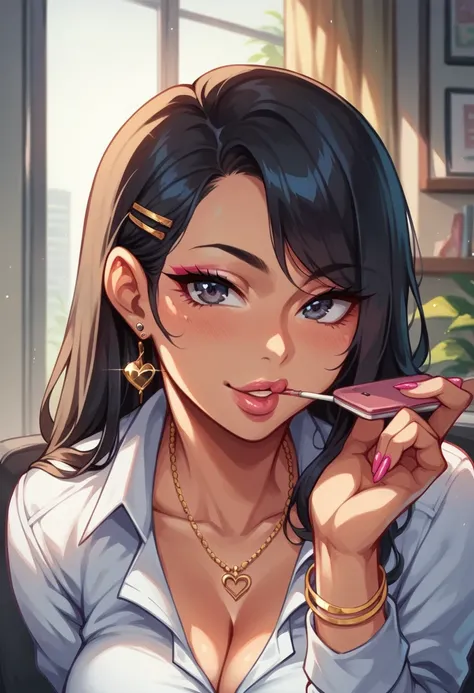 japanese.gyaru.2d.cute,nsfw, glamorous, voluptuous,office outfit.black hair.lick lips.