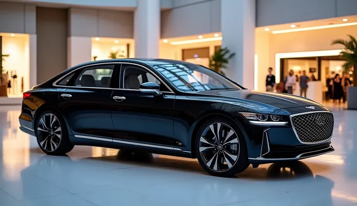 A Photo Of dashboard interior only of genesis G80 2025 of black color With A Sleek Full Modified Modern Design.The Car Is Parked On A White Surface.The Background Is A Shopping Mall With White Lights.The Photo Reveals The Luxurious Interior.The Overall Amb...