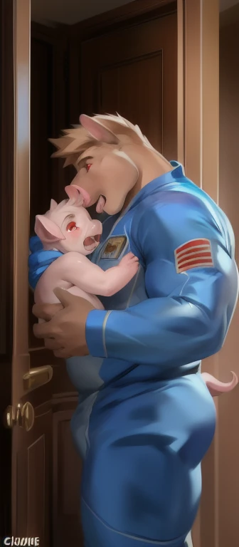   Living with a Pig Baby​ crying  , male Tall​,huge​body,​ standing,​The room was completely dark. ,big hippo , Hugging a baby pig , heavy  เกินพิกัด,   muscle bound , Blue Military Spacesuit, I opened my mouth and wanted to eat baby pigs..,Red eyes, by ch...