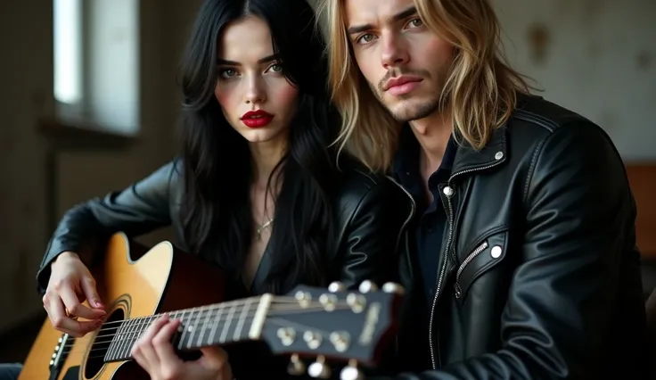 Luis Royo Style young woman, black leather rock style, very white skin, black long hair, red color lipstick on her lips, Luis royo, she is sitting together with a blonde guy with long hair ,handsome, he is teaching her to play guitar