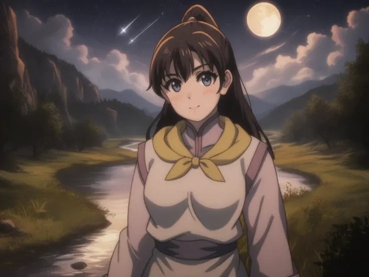 score_9,  score_8_up, score_7_up, gsfghtr, multicolored robe, neckerchief,
cinematic Lighting, 1girl,solo,looking at viewer,blush,Valley with Flowing River, moon, shooting stars