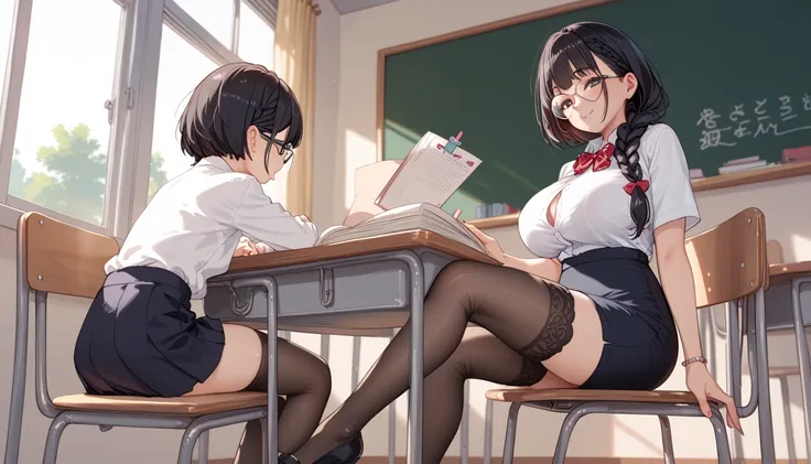 toddler loli,  Japanese school clothes , long braided black hair,  sitting on a chair , writes in a notebook . mature, round glasses,  short red hair,  giant breasts,  tight white shirt ,  black pencil skirt ,  black stockings, black high heels,  sitting o...