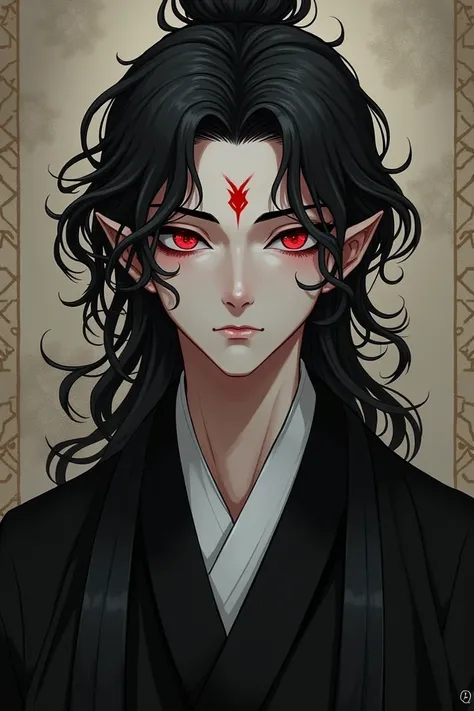 male,  with a small red demon pattern on the forehead , long hair, Curly hair and dark hair  ,   red eyes,  Good looking, Pale white skin,  Wear a black Hanbok in the Seonhyup genre and look expressionless, Oriental background,Handsome. Use  [SDXL] Artist ...