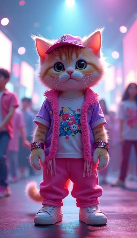 Imagine a super cute kitten,  with fictitious proportions that highlight its sweetness and cuteness ,  dressed in a vibrant K-pop costume .  He is standing on his back legs ,  totally facing forward ,  with a cheerful and captivating posture .  Her eyes ar...