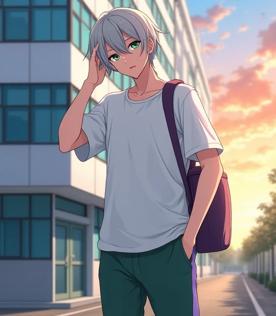 A 17-year-old anime man , anime To love ru,  soft lighting ,  He is standing outside at the entrance of a huge white school with blue tinted windows in the city of Tokyo during the afternoon with few clouds and an orange sky, He is 1,71 cm, You have silver...