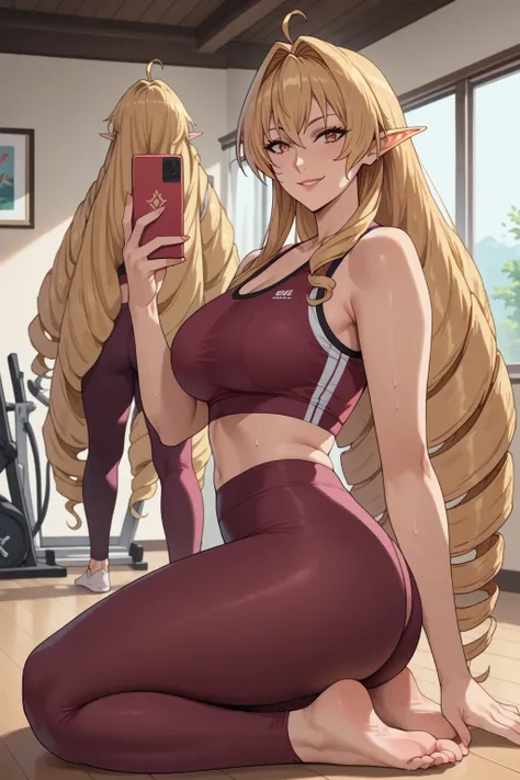 score_9, score_8_up, score_7_up, source_anime, elinalisedragonroad, 1girl, mature female, elinalise dragonroad, long hair, blonde hair, very long hair, ahoge, pointy ears, drill hair, red eyes, naughty smile, sexy suit, sports bra, yoga leggings, indoors, ...