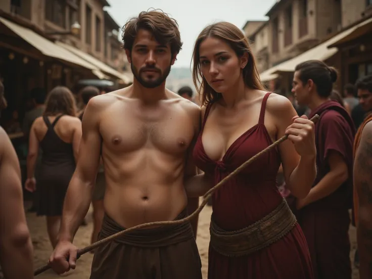 Very realistic image, full body picture, 24 years, ancient roman hetero couple male and female, visit a Slave market, pregnant woman, whip, look up to you, wide-angle