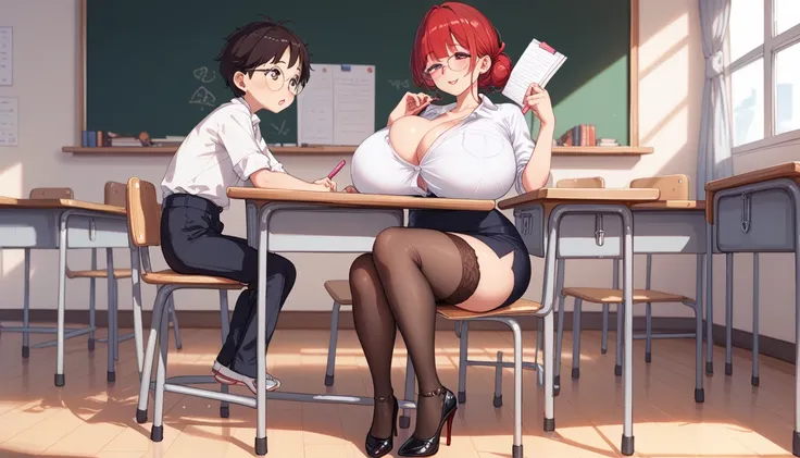 ((toddler loli)),  Japanese school clothes , длинные плетеные черные hair,  sitting on a chair , writes in a notebook .  mature woman, round glasses, Short ((red)) hair, (( giant huge breasts)),  tight white shirt ,  black pencil skirt ,  black stockings, ...