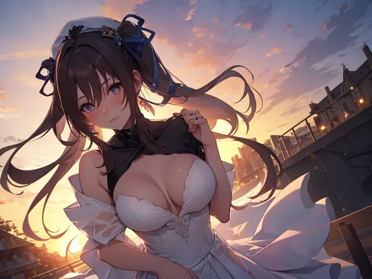 Solo, Single Female, (Human Ear, Earring), (Grabbing Own Breast), (Anime Face), (Hair Accessory), (((Black See-Through Wedding Dress))), (Sunset Sky, Sunset), (Evening Sky), (Focus on Breast, Oblique Upward Angle), (High Resolution, Masterpiece, Accurate, ...