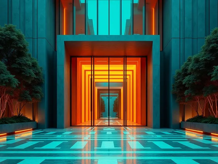 entrance to a museum with aquamarine colors , orange and black,  large glass doors and a spectacular façade