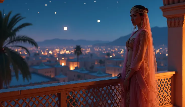 Beautiful Moroccan princess on the balcony at midnight