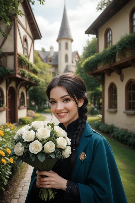 photo portrait of a young beautiful French woman aged 18 years of European appearance with long black hair in her hair, two long tails on the sides. Dressed in a dark blue pea coat and black velvet pants .  In the background, a village with half-timbered h...