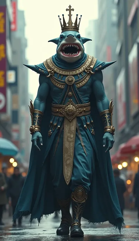 A shark-headed man with big teeth,  with a crown on the head, wearing king costumes , walking on the street,  tall details,  high quality , HD model, high resolution,  masterpiece , 