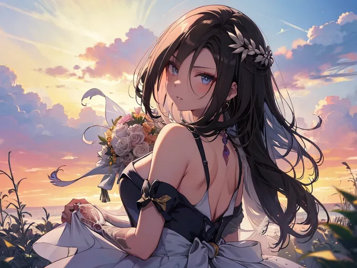 Solo, Single Female, (Human Ear, Earring), (Grabbing Own Breast), (Anime Face), (Hair Accessory), (((Black See-Through Wedding Dress))), (Sunset Sky, Sunset), (Evening Sky), (Focus on Breast, Oblique Upward Angle), (High Resolution, Masterpiece, Accurate, ...