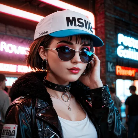 Close-up do rosto, Alternative girl,  looking over black sunglasses , jacket, collar,  neon light reflections on the skin, earring, makeup,  skin imperfections ,  short hair, hat, neon light background , low light,  depth of field , Highly Detailed,  high ...